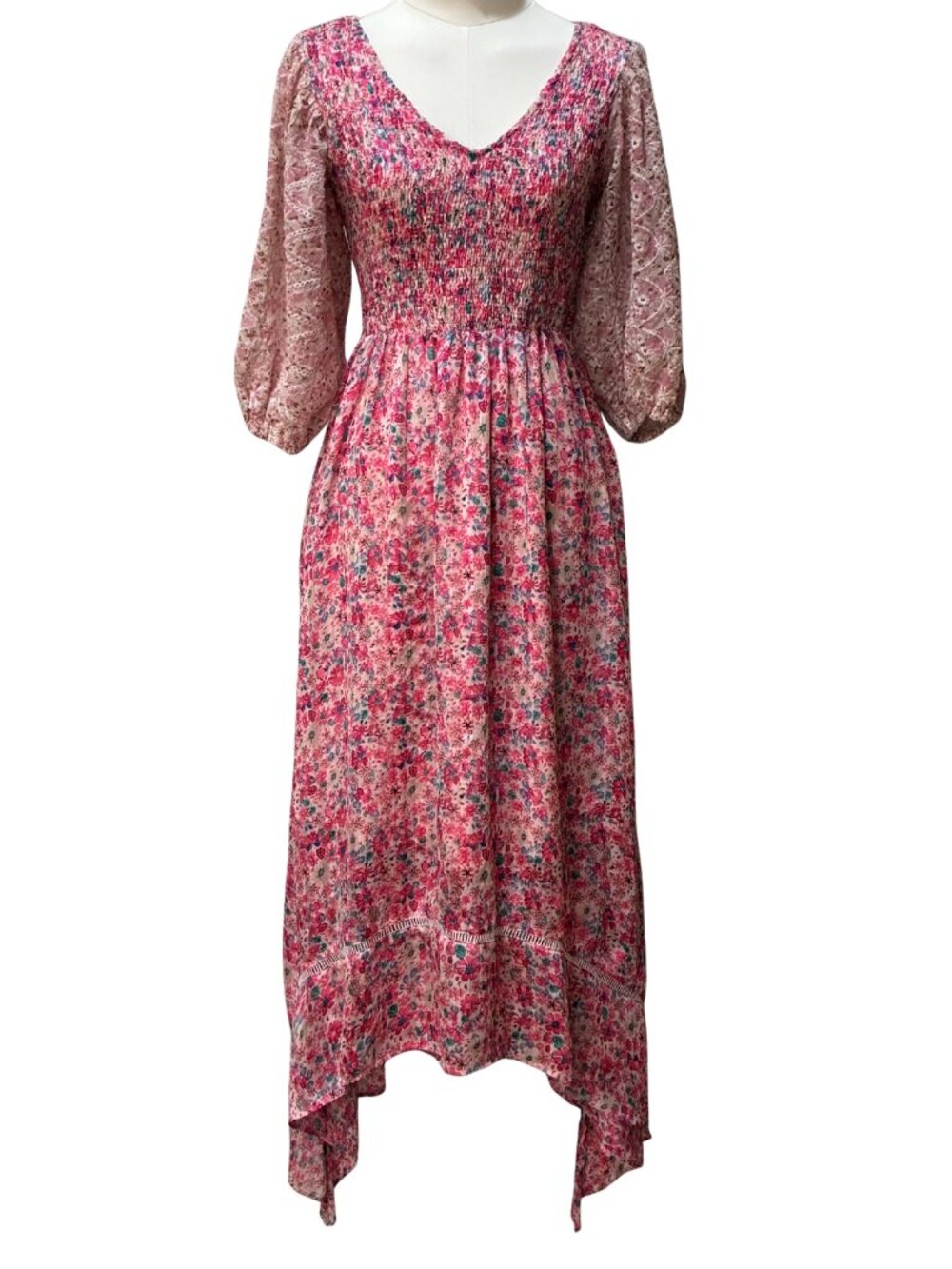 Boho Floral Smocked Asymmetric Dress Puff Sleeve Cottagecore Romantic Fairycore